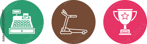 Business finance and fitness icon set cash register treadmill and trophy award symbols minimal flat vector illustration collection