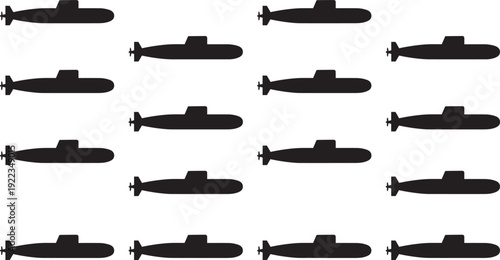 Submarine silhouette pattern set, naval military underwater vessel icons isolated on white background for design