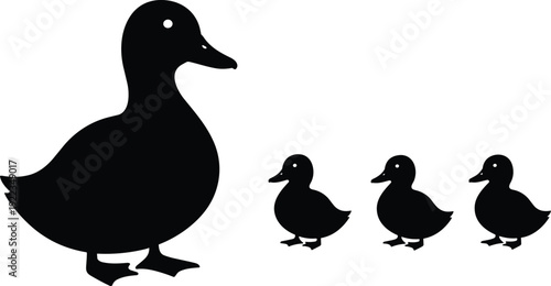 Duck and ducklings silhouette set, black and white mother duck with baby birds vector illustration isolated on white background for farm design