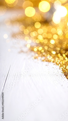 Wallpaper Mural Bright golden bokeh lights cascade over a textured white wooden surface with scattered glitter. Torontodigital.ca