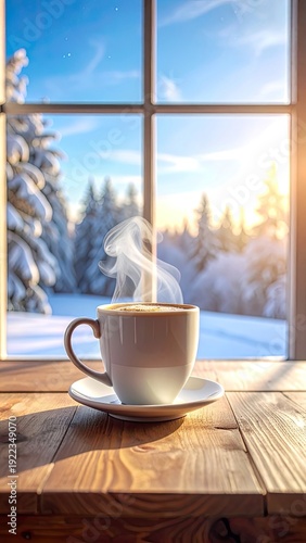 Wallpaper Mural Steaming coffee cup on a wooden windowsill overlooking a bright winter landscape. Torontodigital.ca