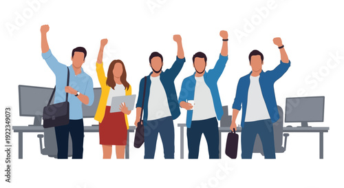 Diverse business team celebrating success in modern office with computers and happy mood