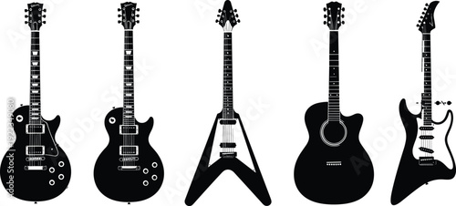 Electric and acoustic guitar silhouette set, black and white musical instrument vector illustration collection isolated on white background for music design