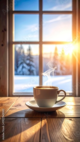 Wallpaper Mural Steaming hot coffee cup rests on a wooden table by a window overlooking a sunny winter landscape. Torontodigital.ca