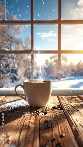 Wallpaper Mural Steaming coffee cup rests on a sunlit wooden table with a snowy window view. Torontodigital.ca