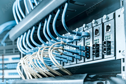 Foto Fiber Optic cables connected to optic ports and UTP, Network cables connected to ethernet ports
