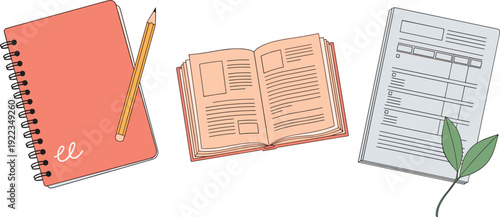 Set of study materials including spiral notebook with pencil open book and document with green leaves flat vector illustration