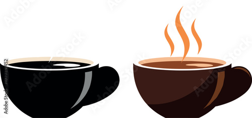Set of two coffee cup icons including a black mug and a brown cup with hot steam flat vector illustration isolated