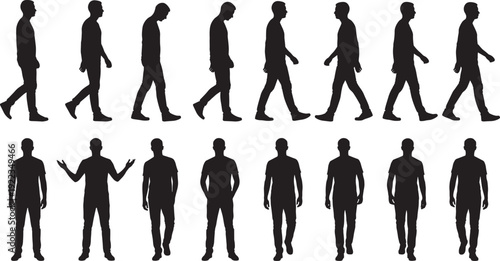Walking Male Silhouettes Set, Standing and Moving Men Side and Front View Isolated Black Vector
