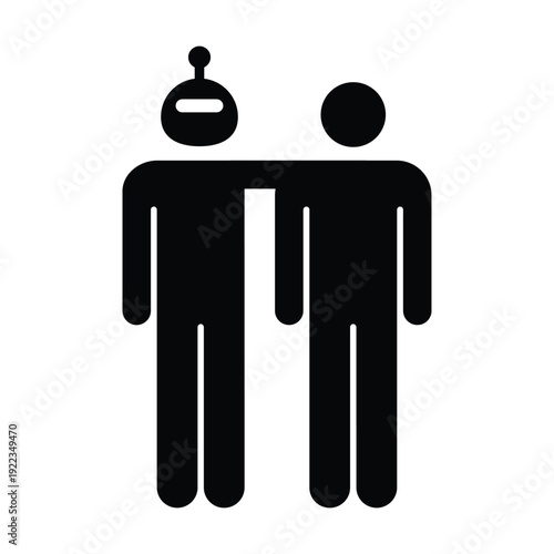 AI and Human Teamwork Collaboration Icon, Artificial intelligence robot with human figures representing AI integration