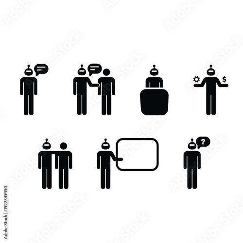 Artificial Intelligence Communication and Business Assistant Pictogram Icon Set, AI robot pictogram icon set representing AI communication