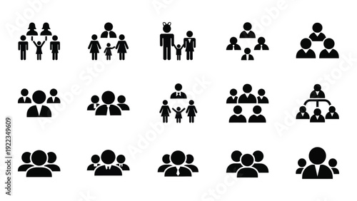 A collection of black and white icons depicting groups of people isolated on white background, Vector