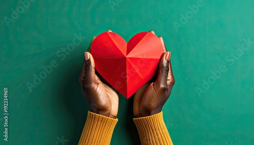 Wallpaper Mural Hands holding a vibrant red geometric paper heart against a teal background. Torontodigital.ca
