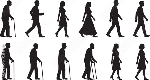 Walking people silhouette collection, men women and elderly figures isolated on white background for design