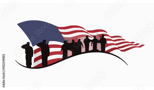 Veterans Day tribute vector illustration with soldier silhouettes and American flag honoring service