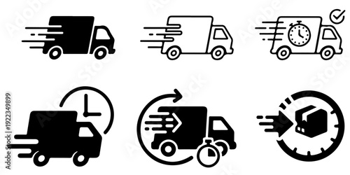 A collection of black and white icons depicting fast delivery trucks time and logistics
