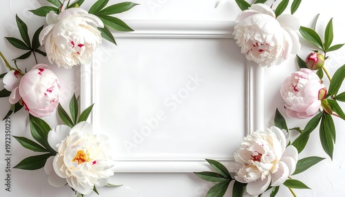 A white frame surrounded by elegant peony flowers and green leaves on a light background