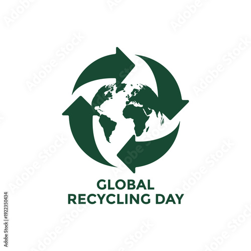 A green recycling symbol encircles a world map promoting global recycling day awareness high quality