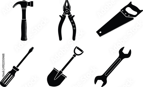 Hand tools icon set, black silhouette hammer pliers saw screwdriver shovel wrench vector illustration isolated on white background for construction design