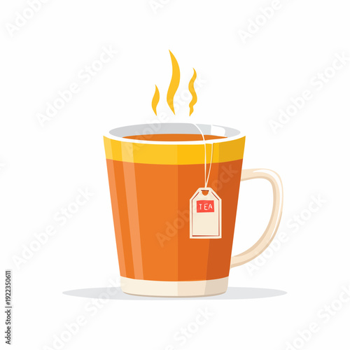 Steaming hot orange teacup with tea bag and aroma rising, perfect for a cozy break