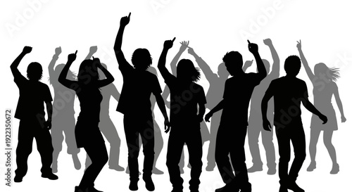 Group of diverse people celebrating success with raised hands in silhouette against bright background