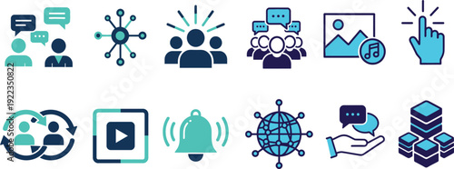 Social media and network fill icon collection. Includes communication, connection, audience, group chat, multimedia, click, user exchange, video, notification, global network, feedback
