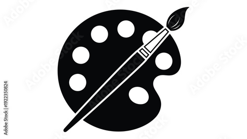 A black and white icon of a paint palette and brush isolated on white background, Vector