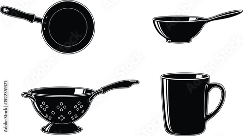 Kitchen cookware and tableware set, black silhouette frying pan colander bowl and mug vector illustration isolated on white background for cooking design