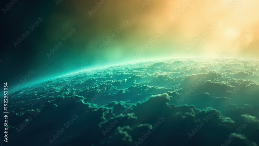 Fototapeta premium Abstract view of a planet's atmosphere with swirling clouds and golden light