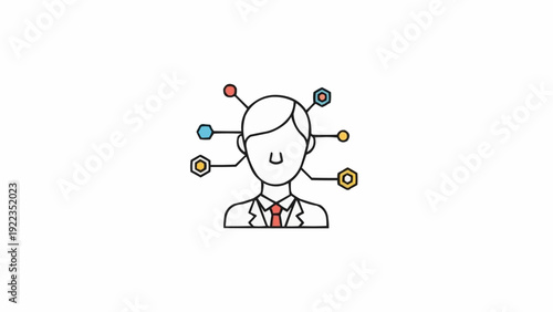 Man with multicolored ideas around head.