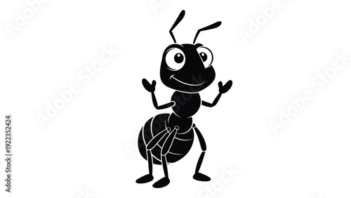 A cartoon ant with a smile and raised hands isolated on white background, Vector