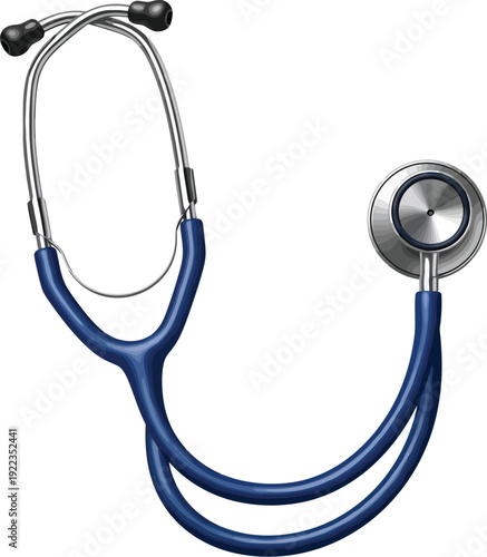 Close up detailed illustration of a professional medical stethoscope with a blue diaphragm and silver chestpiece isolated on a white background symbolizing healthcare