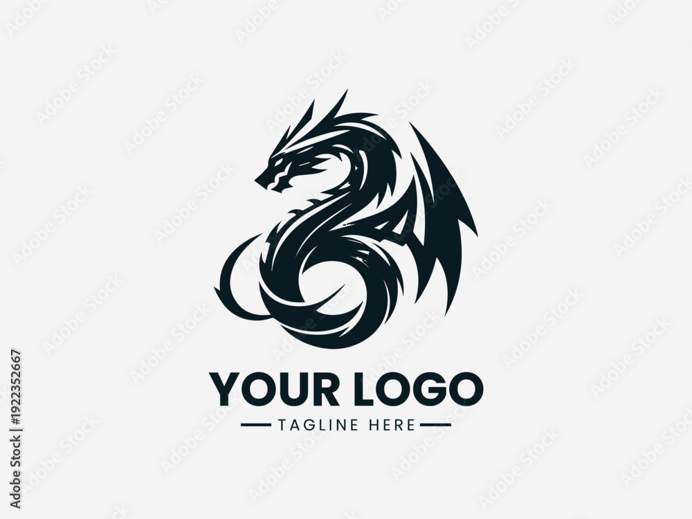 Fototapeta premium Black dragon logo with sharp claws and wings on a white background for branding purposes.