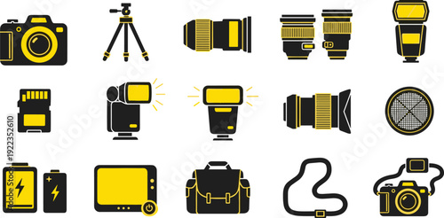 Photography equipment icons collection black yellow camera lens tripod flash battery studio bag isolated vector illustration set