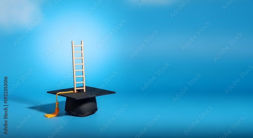 Graduation cap with ladder reaching towards bright sky on blue background, symbolizing achievement and success, concept image ep2 (355).jpg