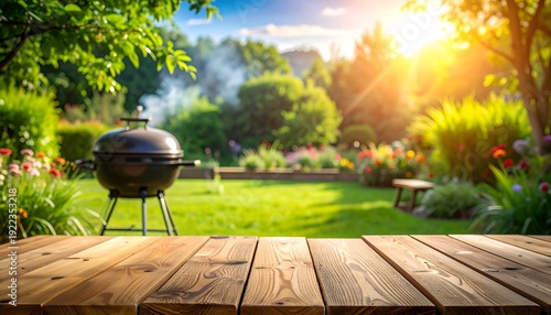 A sunlit backyard with a barbecue grill, vibrant flowers, and lush greenery in a peaceful setting