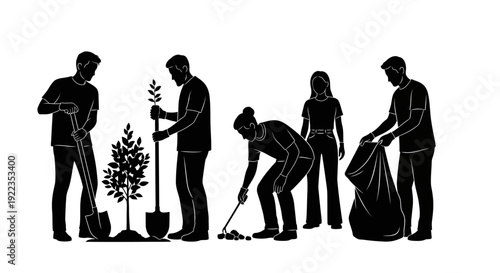 Team planting tree garden collaboration eco friendly outdoor work environment black silhouette