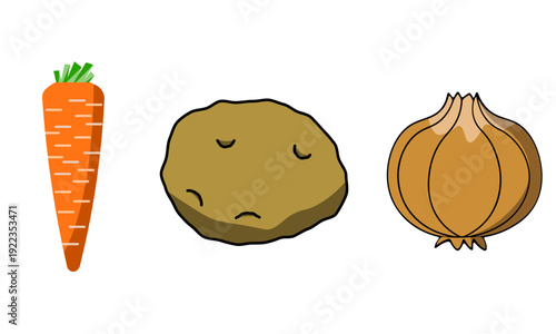 Cute **Curry and Stew Ingredients** Icon Set - **Carrot, Potato, and Onion** Vector Illustration