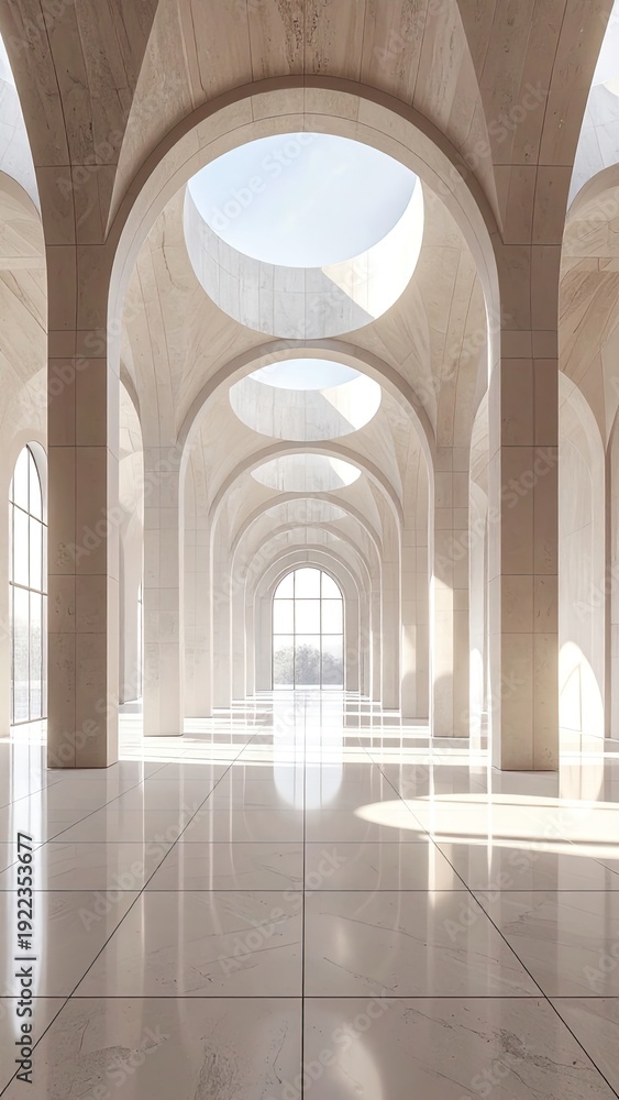 Obraz premium Symmetrical, sunlit contemporary hall with travertine arches and skylights