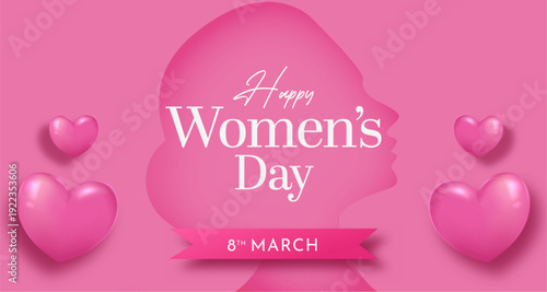 International Women’s Day pink poster with female silhouette and 3d heart decoration background