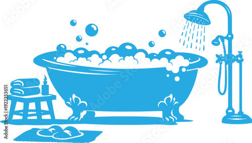 Blue Bathtub Spa Bathroom Vector Illustration with Shower and Bubbles.