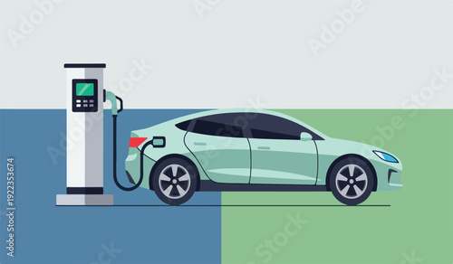 Modern EV charging station powers up a stylish light green electric car.