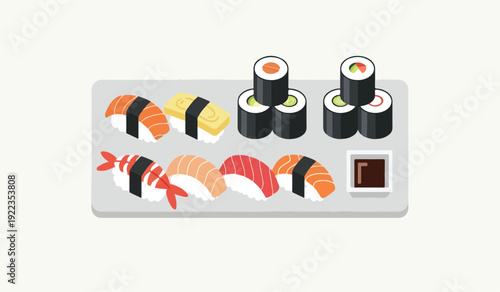 Stylized Sushi Platter: Nigiri, Maki Rolls, and Soy Sauce – Japanese Cuisine.