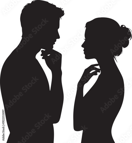 silhouette head profile of pensive young man and woman opposite each other, teenager boy and a girl thinking, opposition of genders, concept of love and relationships