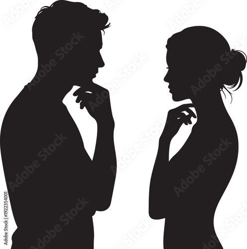 silhouette head profile of pensive young man and woman opposite each other, teenager boy and a girl thinking, opposition of genders, concept of love and relationships