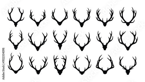 A collection of deer antler head silhouettes isolated on white background, Vector