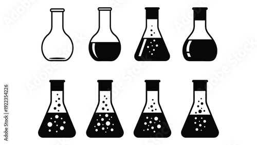 A collection of laboratory beakers with various contents isolated on white background, Vector