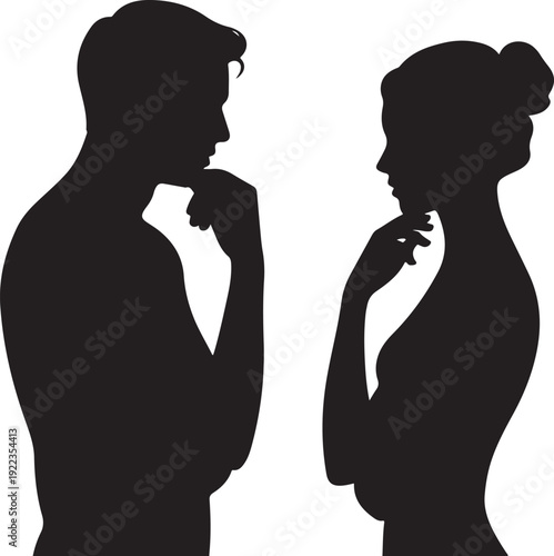 silhouette head profile of pensive young man and woman opposite each other, teenager boy and a girl thinking, opposition of genders, concept of love and relationships
