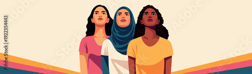 Vector horizontal banner Women's Day, March 8th. Women of different cultures, skin colors, nationalities unite and look up. Use it for projects, diversity, the future, equality, women's empowerment
