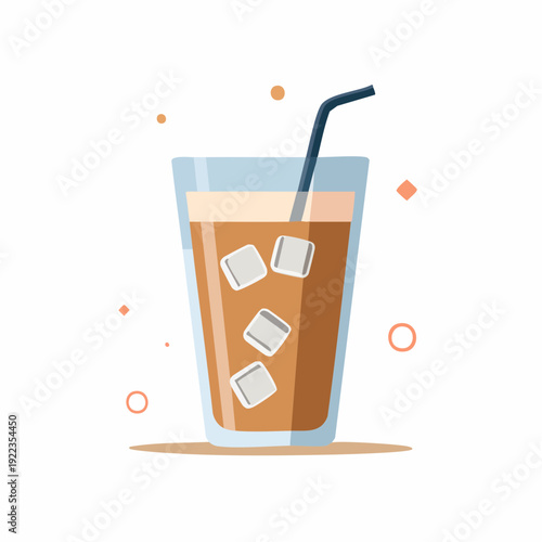 Refreshing chilled coffee beverage with ice cubes and straw in a minimalist vector illustration style perfect for menu design